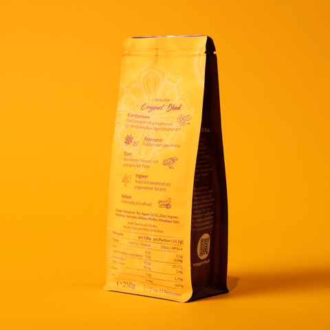 Mangala Sticky Chai Original Blend Rückseite – Inhaltsstoffe, Nährwerte und Herstellerinformationen des handgemachten Chai aus Hamburg