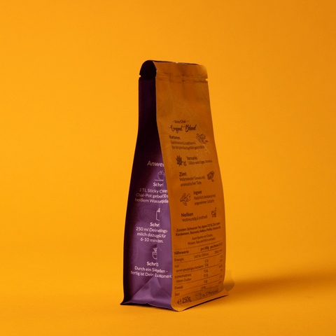 Mangala Sticky Chai Packung seitlich – Schritt-für-Schritt Zubereitung auf der Verpackung für den perfekten handgemachten Chai